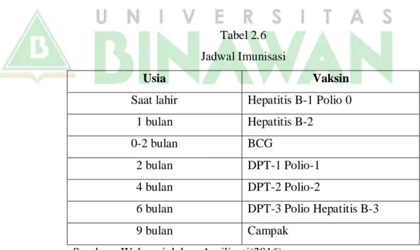 Tabel 2.6  Jadwal Imunisasi 