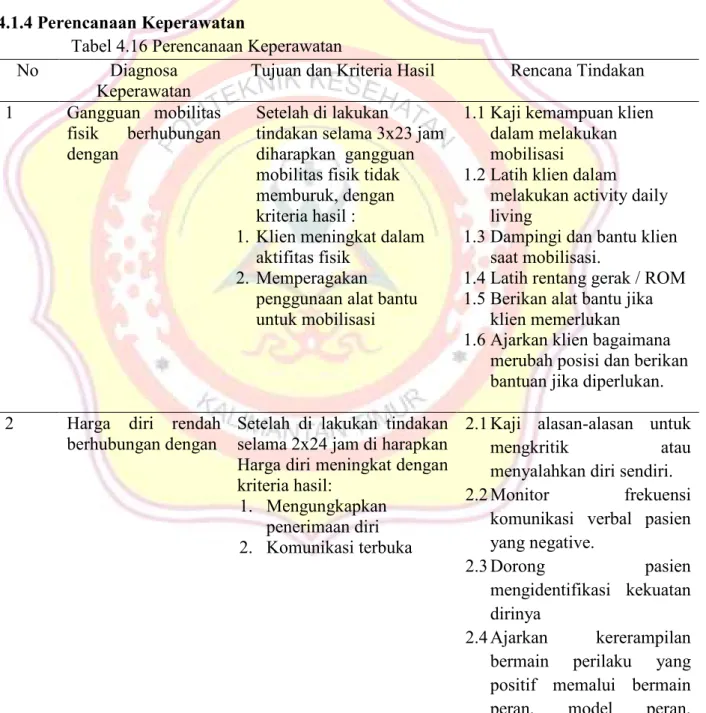 Tabel 4.16 Perencanaan Keperawatan 