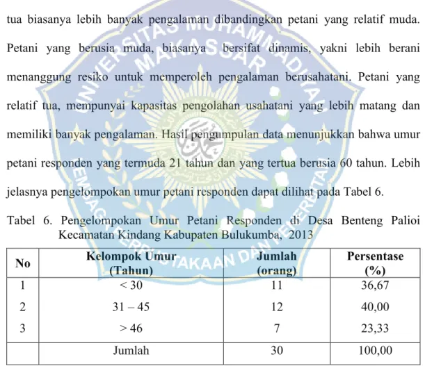 Tabel  6.  Pengelompokan  Umur  Petani  Responden  di  Desa  Benteng  Palioi  Kecamatan Kindang Kabupaten Bulukumba,  2013