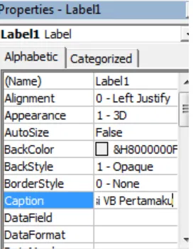 Gambar 2.4 Mengubah properti untuk objek Label pada jendelaProperties