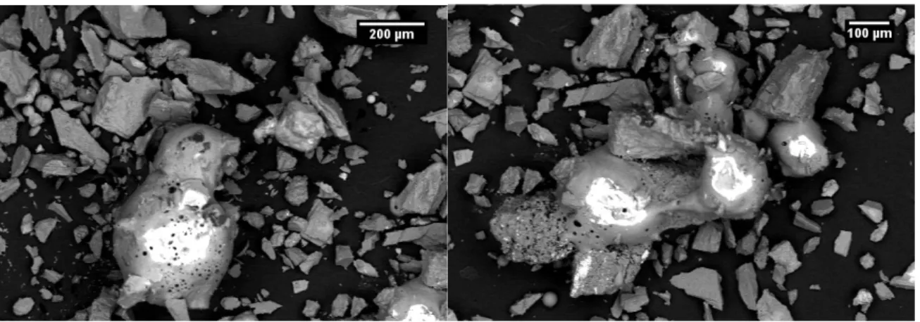 Figure 8: SEM BSE images of USGS pseudo agglutinate taken using backscatter electrons   The experimental samples did not have this feature as all the particles appeared similar to each  other, with hard edges and no obvious porosity