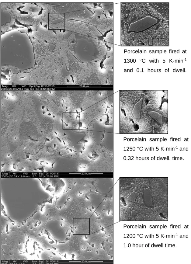 Figure 31. SEM micrographs of porcelain samples fired at different heating  rates, dwell times and temperatures to demonstrate the similarity of quartz  dissolution rim thickness
