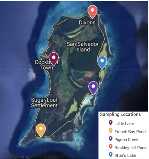 Figure 3. Map of San Salvador Island with sampling site locations 