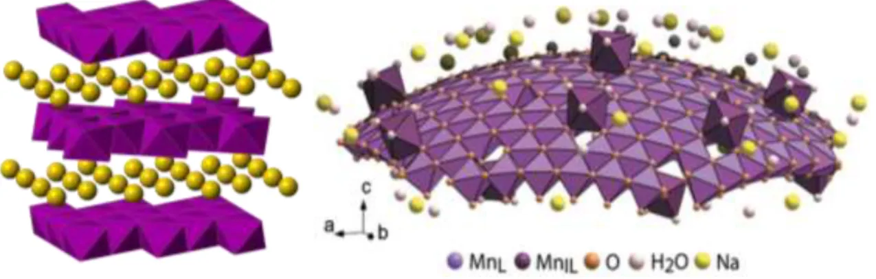 Figure 5.  Structure  of  the  birnessite  MnO 2   sheet  (left)  with  out-of  plane  defects  (right)