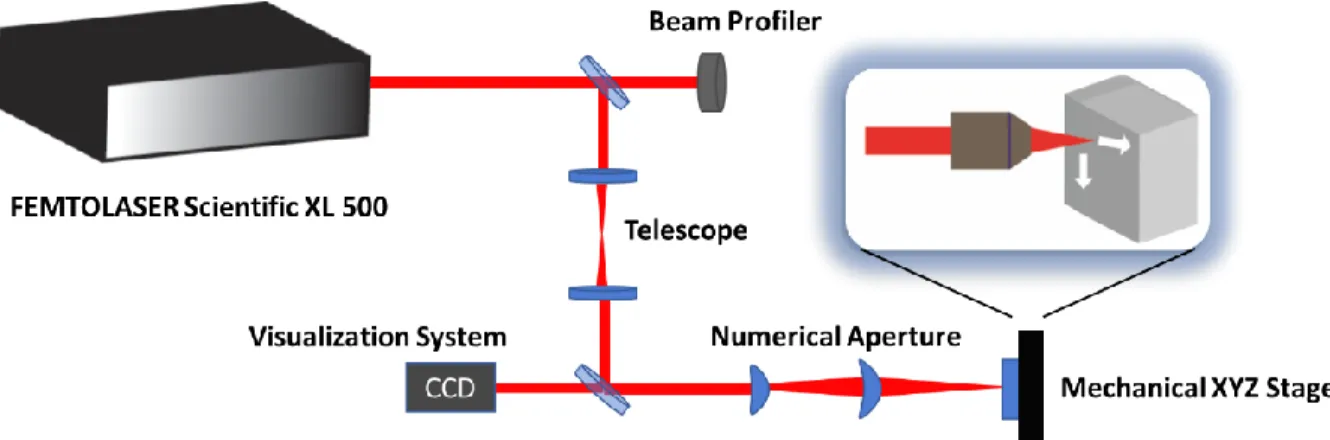 Figure 2.1. Femtosecond laser irradiation setup and beam rastering module. 