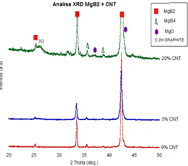 Gambar 4.4 Identifikasi Fasa Pola Difraksi Sinar-X MgB2 + CNT 