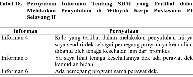 Tabel 18.  Pernyataan Informan Tentang SDM yang Terlibat dalam Melakukan Penyuluhan di Wilayah Kerja Puskesmas PB