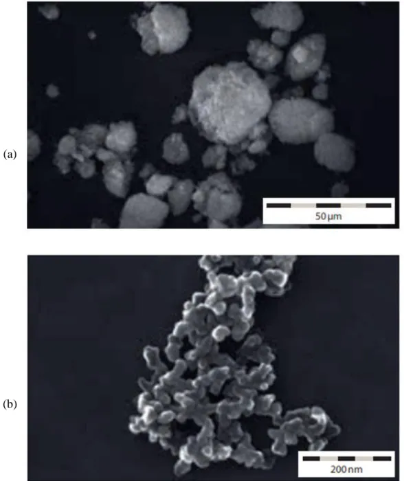 Figure 1: SEM images of Aerosil fumed silica.  (a) Example of an agglomerate particle (b)  example of an aggregate separated from the agglomerate by vibrational dispersion, clearly  showing primary particles that have merged and cannot be separated