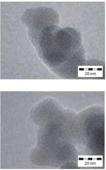 Figure  2:  HRTEM  images  of  Aerosil  fumed  silica  aggregate  particles,  focusing  on  the  merging zones of the primary structures