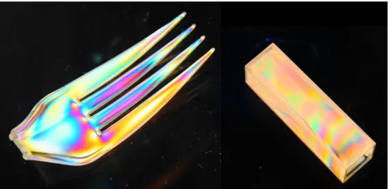 Figure 5. Birefringence is apparent in many plastics when shown under polarized light, usually as molecules and  segments of chains are frozen in while in a stretched formation during molding and processing, on the left a plastic  fork and on the right apl
