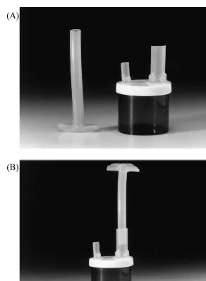 Fig. 1. (A) T-shaped silastic cannula for collection of ileal digesta; (B) the cannula connected with a digesta collection bottle.