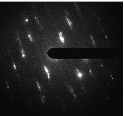 Figure 0.15:   Electron diffraction pattern of Bi 2 Sr 1.5 Ca 1.5 Nb 2 Ti 2 O 15  showing the stacking disorder