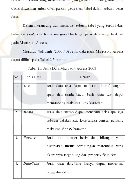 Tabel 2.5 Jenis Data Microsoft Access 2003