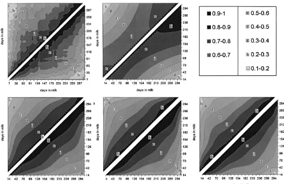 Fig. 4. Correlation structures for milk yield among days in milk observed in the data (OBS and C-OBS) and those expected by a test day model using Legendre polynomialswith different orders of ﬁt m based on the selected data with lactation records of at lea