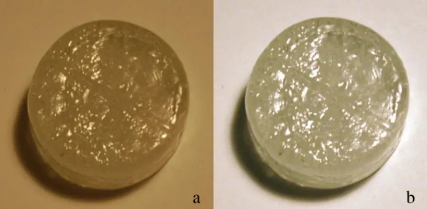 Figure 3: Tb 3+  sample under soft white incandescent a) raw  and b) corrected 