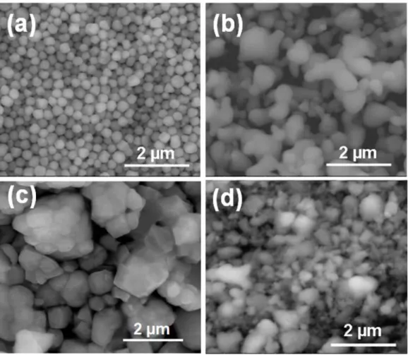 Figure 59. SEM images of the as-synthesized ZnS powders (a), commercial  CLS powders (b), heat-treated ZnS powders (c), and ball-milled  0.5ZnS-0.5CLS powders (d)