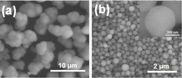 Figure 11. SEM images of the (a) commercial ZnS powder and (b) colloid- colloid-synthesized ZnS powder used in this study