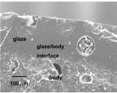 Figure 3.38.  SEM micrograph of a low-strength sample, Glaze D on the alumina  body, with a distinct glaze/body interface