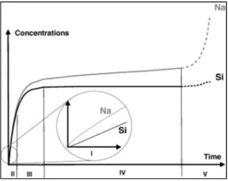 Figure I.1 Time sequence of different rate regimes and sodium and silicon concentrations  in solution: I – initial diffusion, II – initial rate, III – rate drop, IV – residual rate, V – 