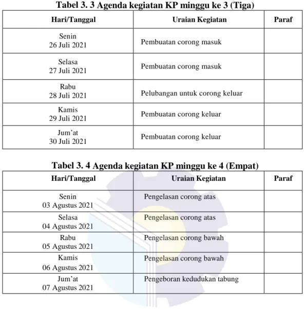 Tabel 3. 3 Agenda kegiatan KP minggu ke 3 (Tiga) 