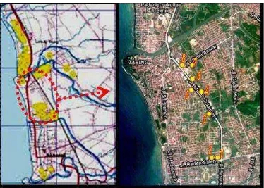 Fig 2. Liquefaction in 2009 and locations of buildings. (Building name: 1. BAPPEDA, 2.BKP, 3