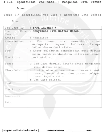 Table 4.4 Spesifikasi Use Case : Mengakses Data Daftar 