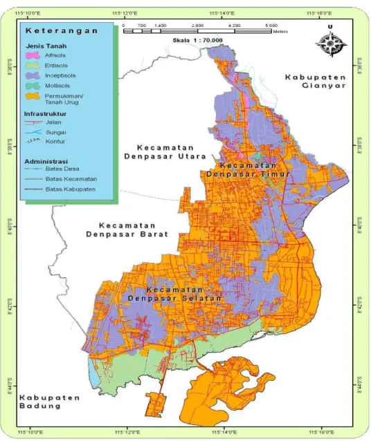 Tabel 4.2. Luas dan potensi kerusakan masing-masing jenis tanah   di Kecamatan Denpasar Selatan dan Kecamatan Denpasar Timur  