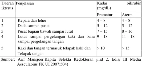 Tabel  2.10 Hubungan  Kadar  Bilirubin  (mg/dL)  dengan  Daerah  Ikterus Menurut Kramer