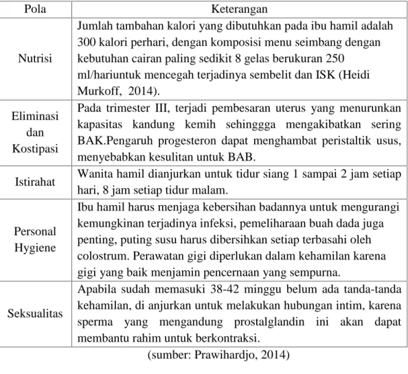 Tabel 2.5 Pola Kesehatan Kehamilan