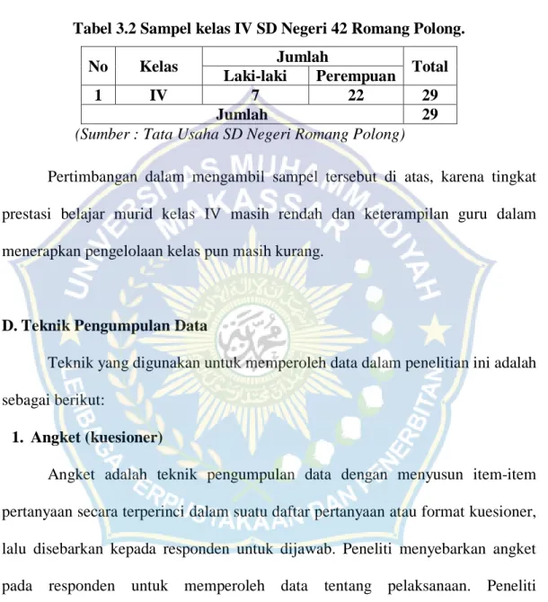 Tabel 3.2 Sampel kelas IV SD Negeri 42 Romang Polong. 