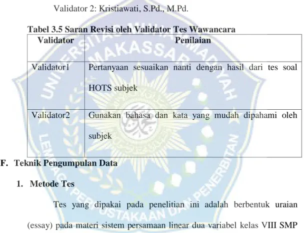 Tabel 3.5 Saran Revisi oleh Validator Tes Wawancara  