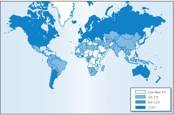 Figure 1.6  Percentage of people in countries globally aged 65 and over, 2000.