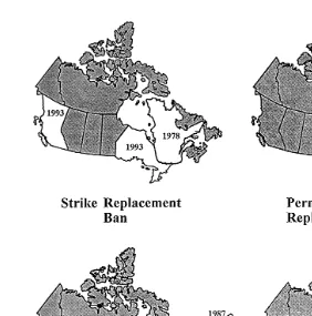 Fig. 1. Provincial strike replacement legislation in Canada December 1994 . Note: Shading denotes noŽ.legislation