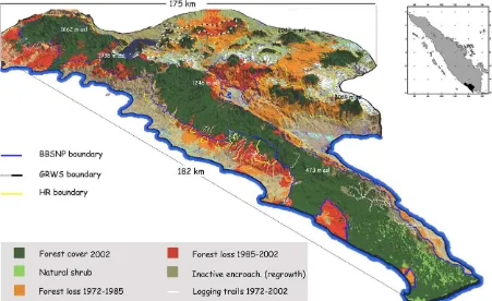 Fig. 1 – Patterns of deforestation in a 1.17 million ha area in southwest Sumatra, showing the reduction and fragmentationof the BBSFL from 1972 to 2002, the logging trail network (mostly active during the period 1972 to 1985), and forestre-growth in the B