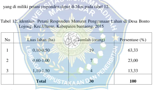 Tabel 12. Identitas  Petani Responden Menurut Penggunaan  Lahan di Desa  Bonto  Lojong, Kec.Uluere, Kabupaten bantaeng, 2015 