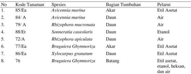 Tabel 1. Data Sampel Tanaman Mangrove 