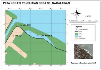 Gambar 2.   Peta Pantai Desa Sei Nagalawan, Kecamatan Perbaugan, Kabupaten Serdang Bedagai, Sumatera Utara sebagai lokasi penelitian  