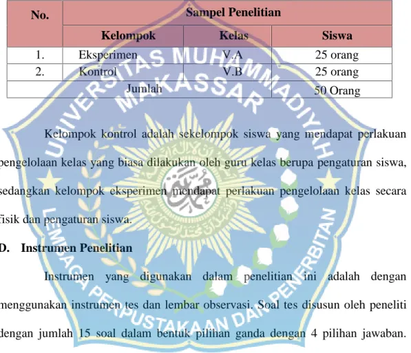 Tabel 3.3 Sampel Penelitian SD Negeri KIP Maccini Makassar