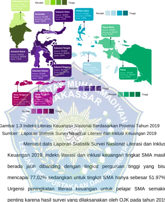 Gambar 1.3 Indeks Literasi Keuangan Nasional Berdasarkan Provinsi Tahun 2019  Sumber : Laporan Statistik Survei Nasional Literasi dan Inklusi Keuangan 2019 
