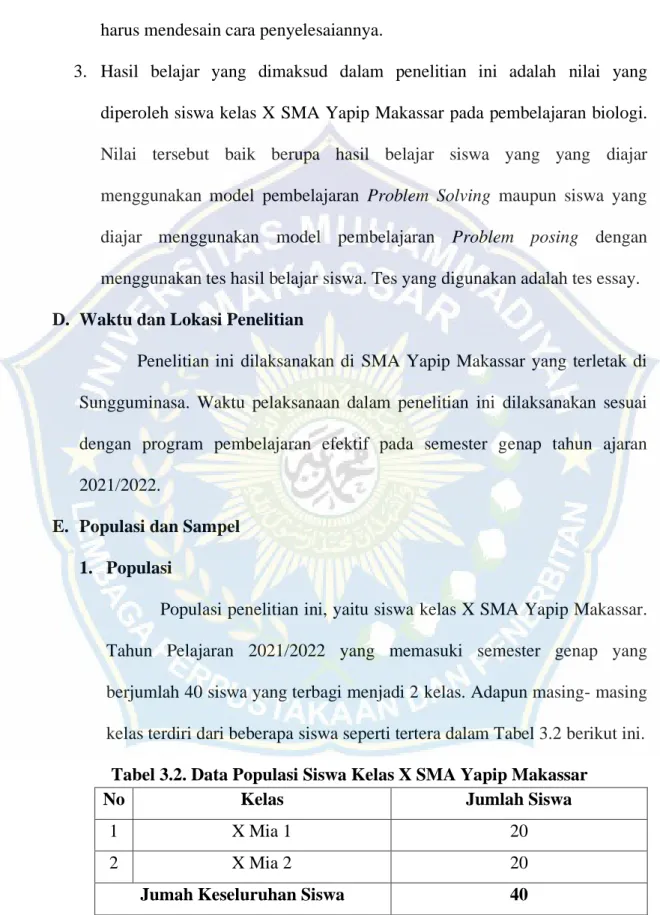 Tabel 3.2. Data Populasi Siswa Kelas X SMA Yapip Makassar 