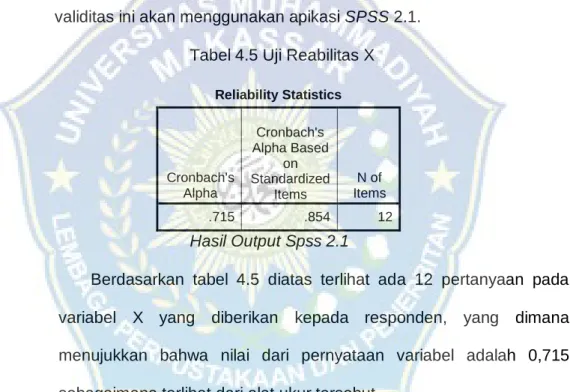 Tabel 4.5 Uji Reabilitas X 