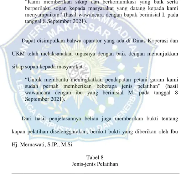 Tabel 8  Jenis-jenis Pelatihan 