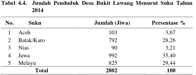 Tabel 4.4.  Jumlah Penduduk Desa Bukit Lawang Menurut Suku Tahun 