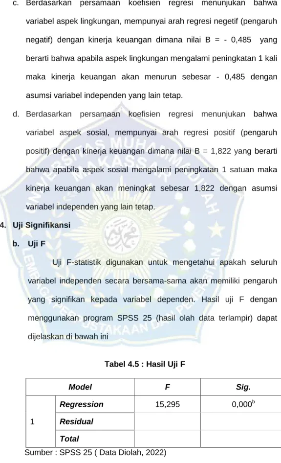 Tabel 4.5 : Hasil Uji F 