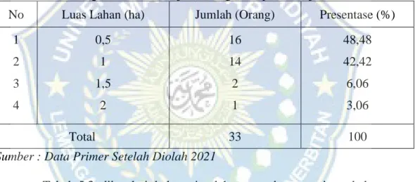 Tabel  5.3  Luas  Lahan  yang  dimilki  Responden  Petani  Tembakau  di  Desa  Batu  Belerang Kecamatan Sinjai Borong Kabupaten Sinjai 