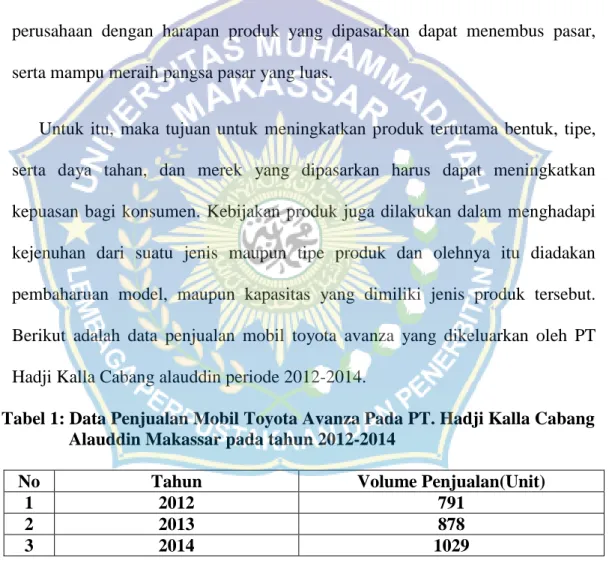 Tabel 1: Data Penjualan Mobil Toyota Avanza Pada PT. Hadji Kalla Cabang                 Alauddin Makassar pada tahun 2012-2014 