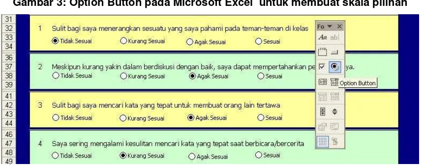 Gambar 3: Option Button pada Microsoft Excel  untuk membuat skala pilihan 