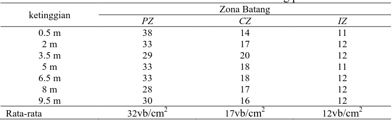 Tabel 7. Rata-rata vascular bundles berdasarkan zona batang pohon ke-2 Zona Batang  