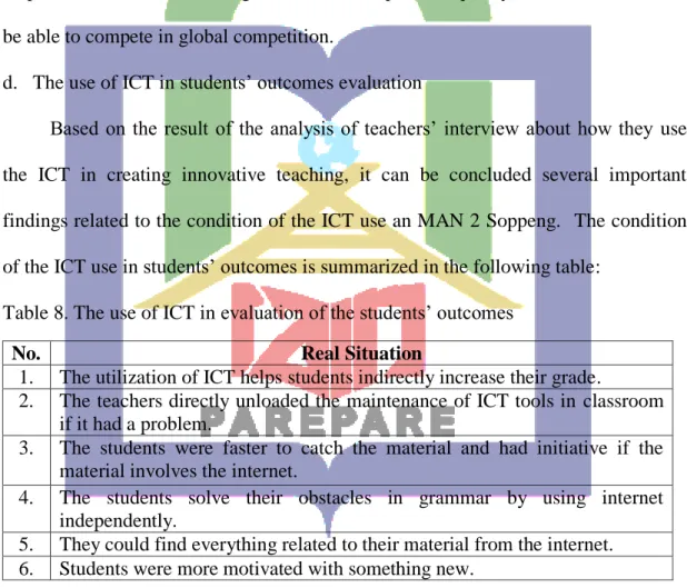 Table 8. The use of ICT in evaluation of the students’ outcomes 