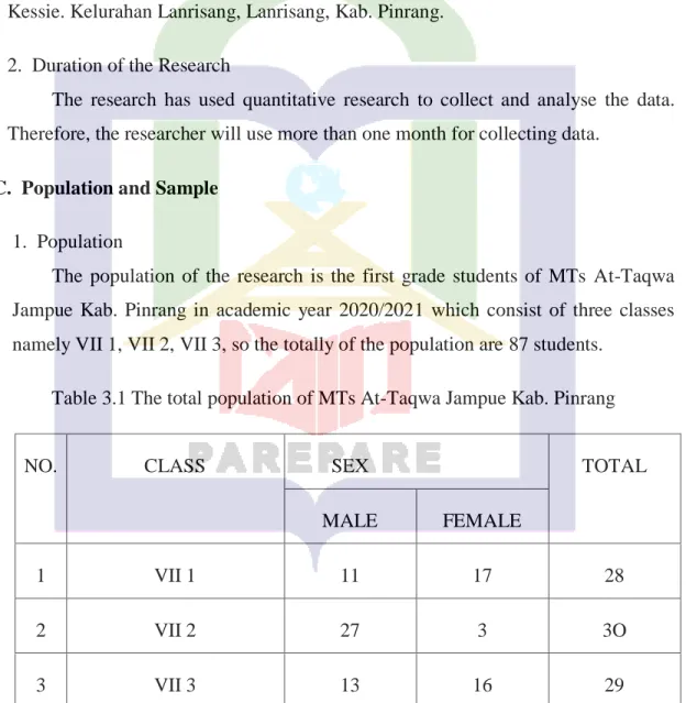 Table 3.1 The total population of MTs At-Taqwa Jampue Kab. Pinrang 